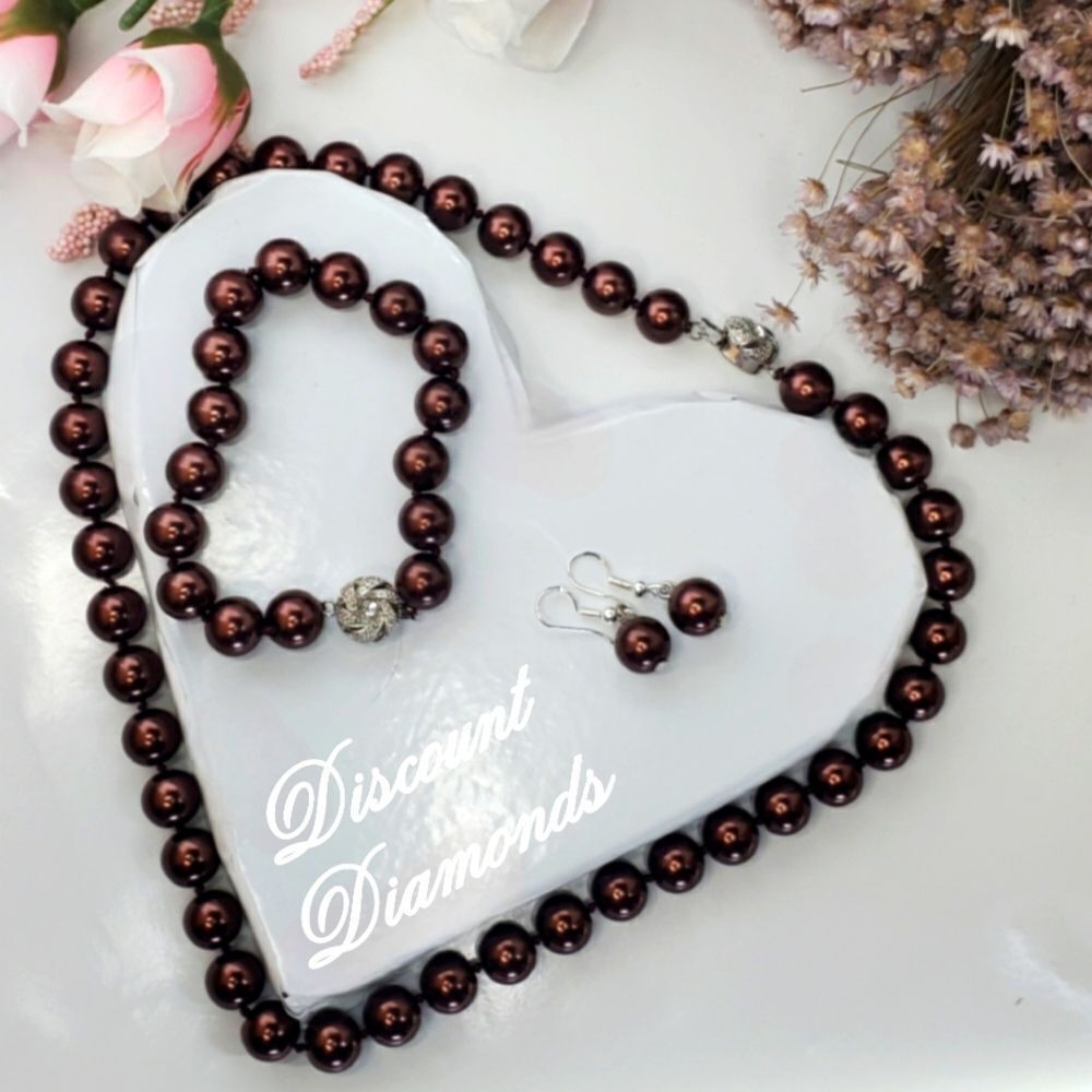 Chocolate Brown 10 mm 4 Pc South Sea Shell Pearls Necklace Bracelet Earrings 925